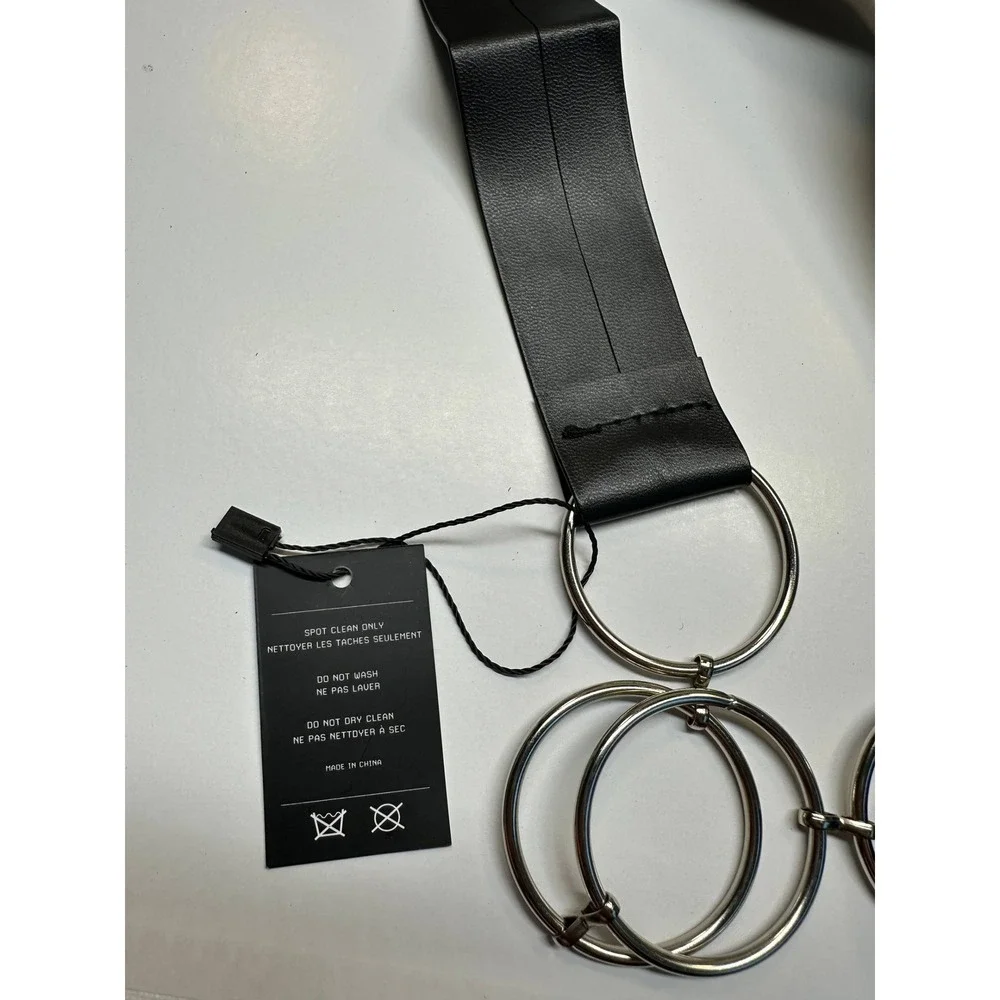 Finesse Abeni Black‎ Faux Leather Ring Belt Silver Tone O-Ring Wrap Tie OSS NEW